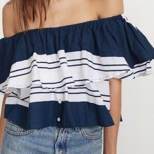 FAITHFULL THE BRAND Salerno Off Shoulder Ruffle Top Blue White Clarmont Stripe 4